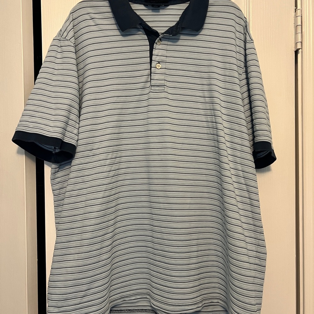 Vintage Lands' End Men's Polo in Navy and Light Blue Stripes Size XL